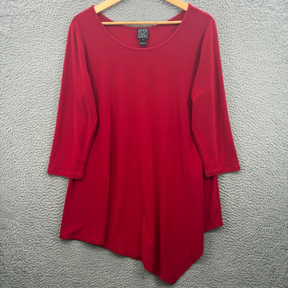 Clara Sunwoo Tunic Top Women Large Red Asymmetrical Sharkbite 3/4 Sleeve Blouse
